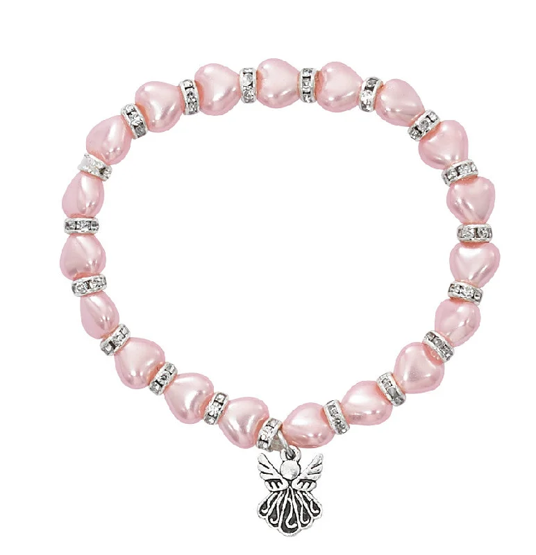 Custom quote bracelets for friends-5.5" PINK PEARL HEART BABY STRETCH BRACELET-B1019C