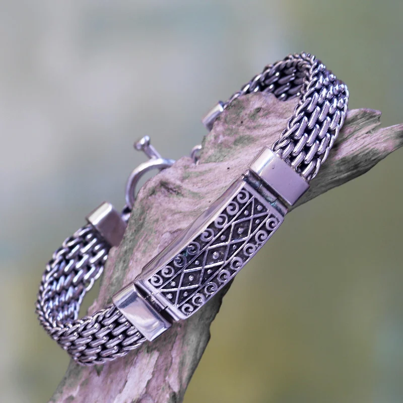 Unique beaded bracelets for men-Bali Spirit Panther Link Chain Bracelet with Pendant in 925 Silver