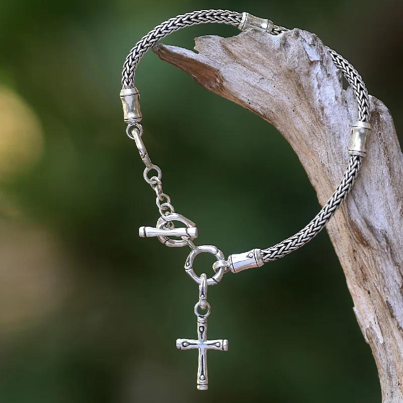 Unique charm bracelets for kids-Bamboo Spiritual Hand Crafted Sterling Silver Cross Charm Bracelet from Bali