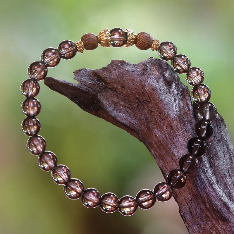 Woven friendship bracelets with beads-Batuan Tune Smoky Quartz Beaded Stretch Bracelet with Wood Accents