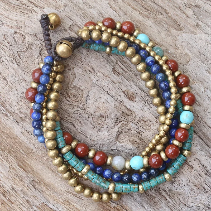 Woven friendship bracelets with beads-Beads and Bells Multi Gemstone Beaded Bracelet from Thailand