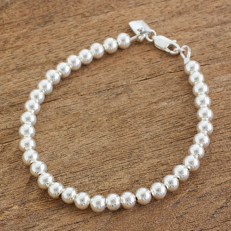 High-end custom charm bracelets-Beauty in Simplicity Gleaming Sterling Silver Beaded Bracelet from Guatemala