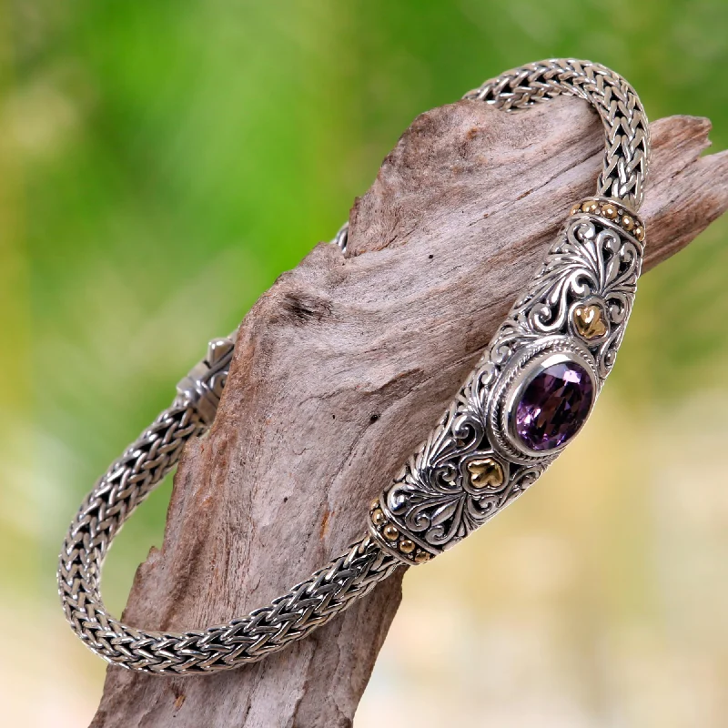 Stylish cuff bracelets for women-Bedugul Garden Handcrafted Balinese Gold Accent Silver Amethyst Bracelet