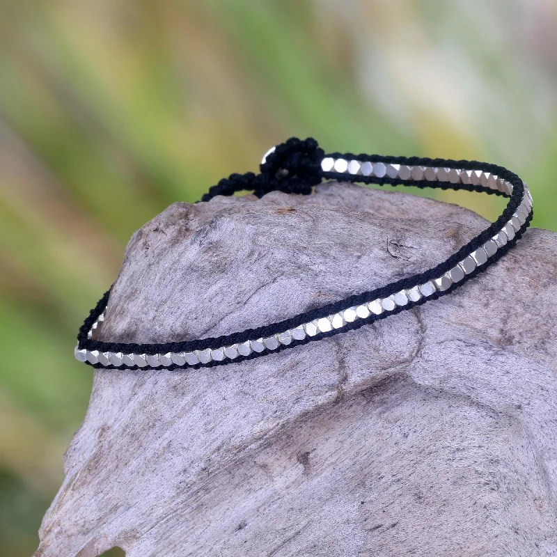 Magnetic clasp bracelet designs-Black Moonlight Path Hand Knotted Black Bracelet with Sterling Silver Beads