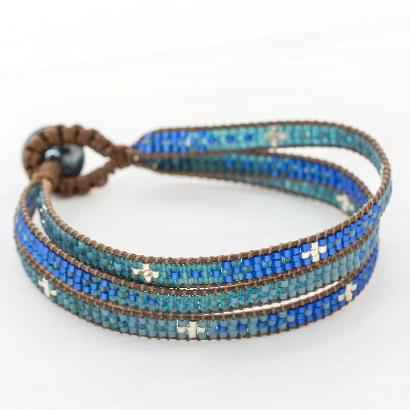 Stackable gemstone bangles-Blue Coast Glass Beaded Wristband Bracelet in Blue from Guatemala