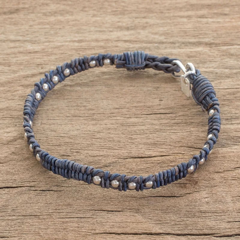 Crystal bracelet designs for wellness-Brilliant Orbs Silver and Leather Beaded Wristband Bracelet in Blue