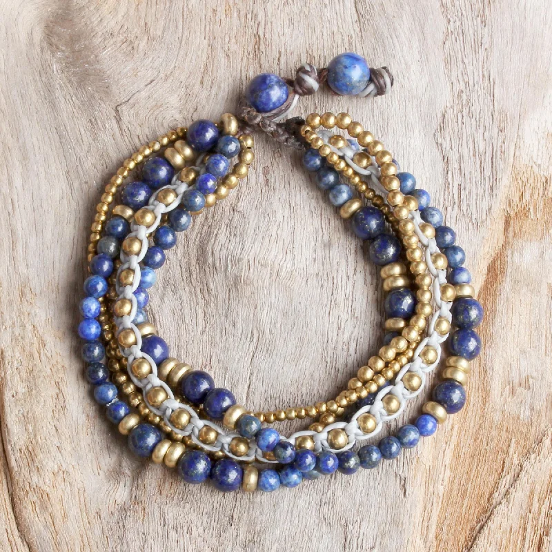 Adjustable leather cord bracelets-Brisk Ocean Brass and Lapis Lazuli Multi-Strand Beaded Bracelet