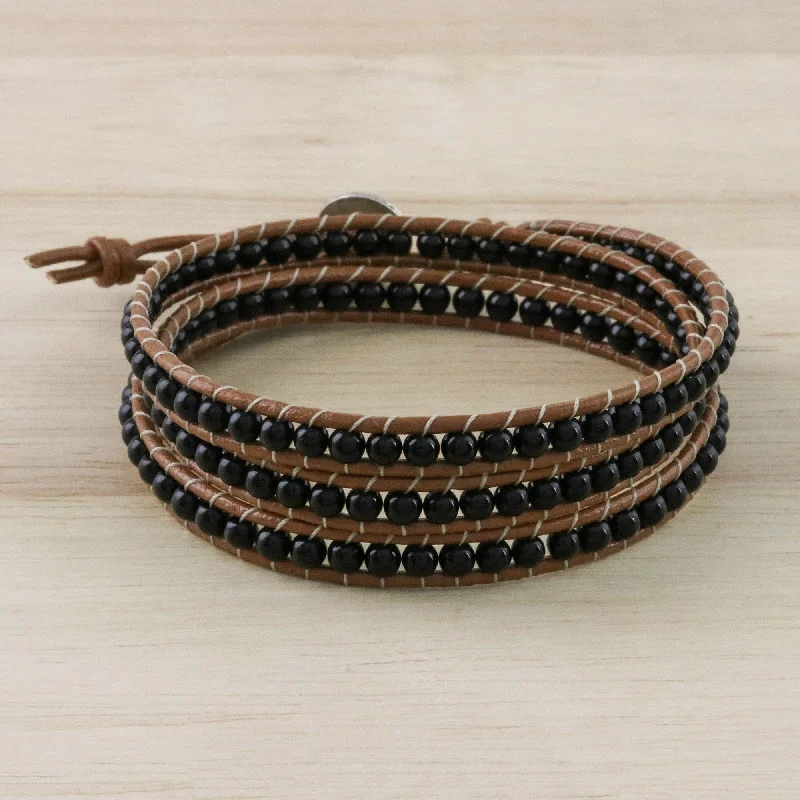 Personalizable engraved bangles-Calm Touch Onyx Beaded Wrap Bracelet from Thailand