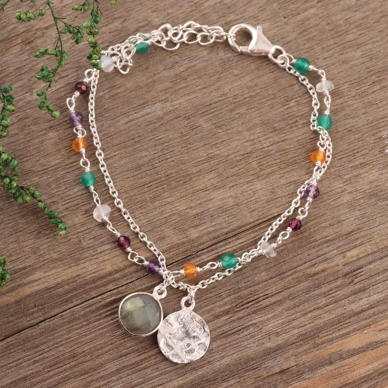 Custom engraved gold bracelets-Colorful Charm Multi-Gemstone Sterling Silver Bracelet from India