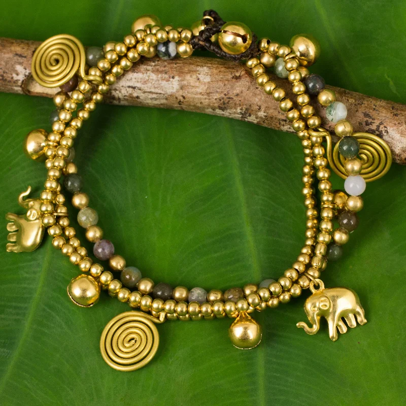 Gold-plated friendship bracelets-Colorful Siam Elephants Jasper and Brass Beaded Charm Bracelet