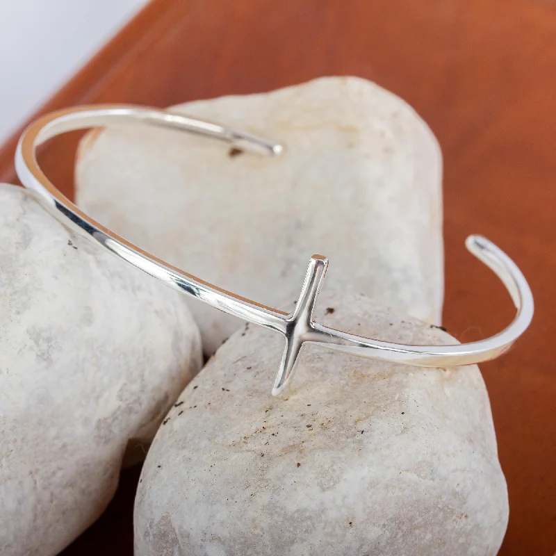 Soft leather adjustable bracelets-Contemporary Cross Minimalist Sterling Silver Handmade Cross Cuff Bracelet