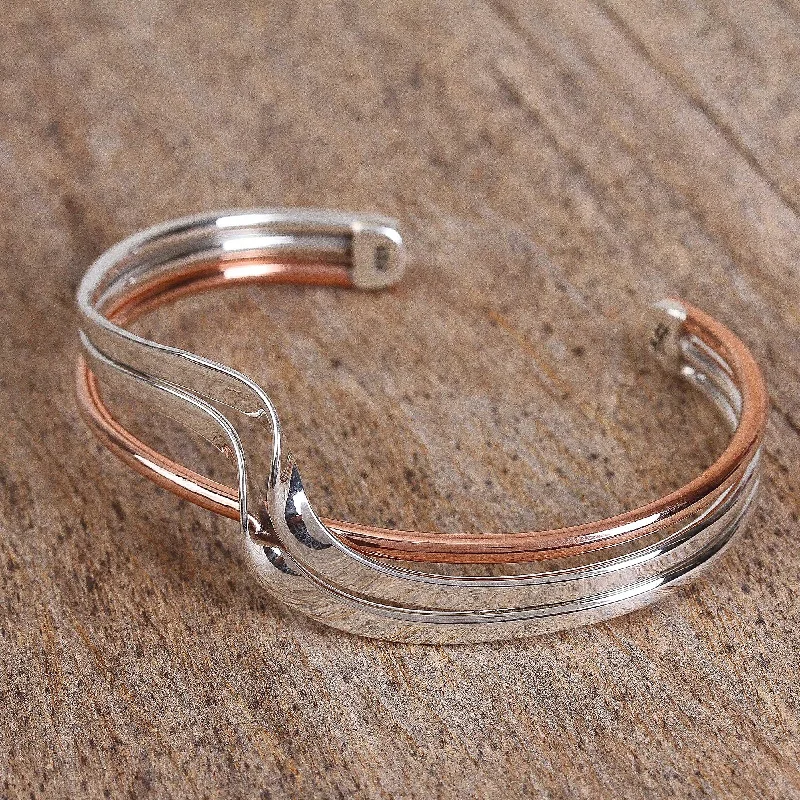 Elegant simple gold bracelets-Copper Stream Sterling Silver and Copper Cuff Bracelet from Mexico