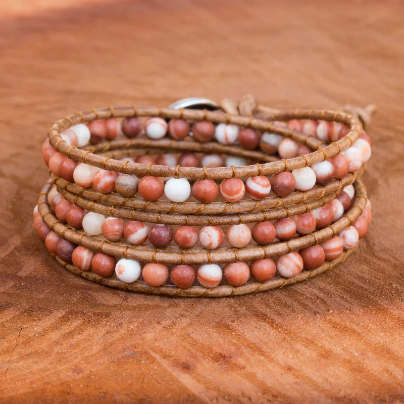 Dainty gold bracelets for women-Cozy Brown Thai Jasper and Leather Cord Bracelet with Silver Clasp