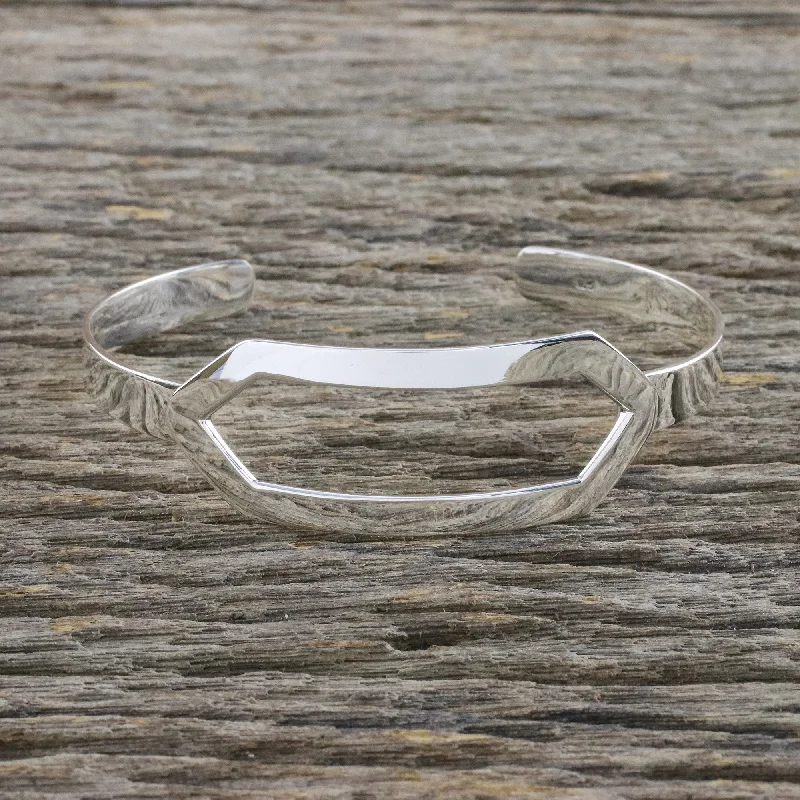 Trendy friendship bracelets for teens-Elegant Geometry Sterling Silver Cuff Bracelet with Elongated Hexagon