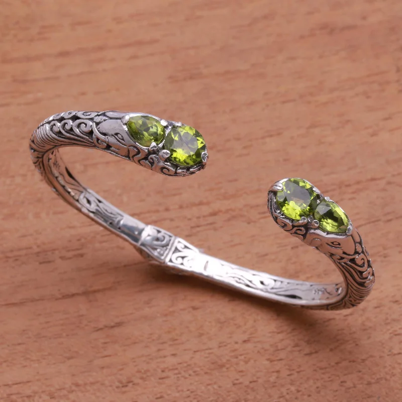 Natural gemstone bracelets for healing-Elephant's Treasure Elephant Motif Peridot Cuff Bracelet from Bali