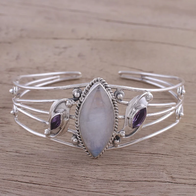 Handcrafted gemstone bangle bracelets-Feminine Glow Rainbow Moonstone and Amethyst Cuff Bracelet from India