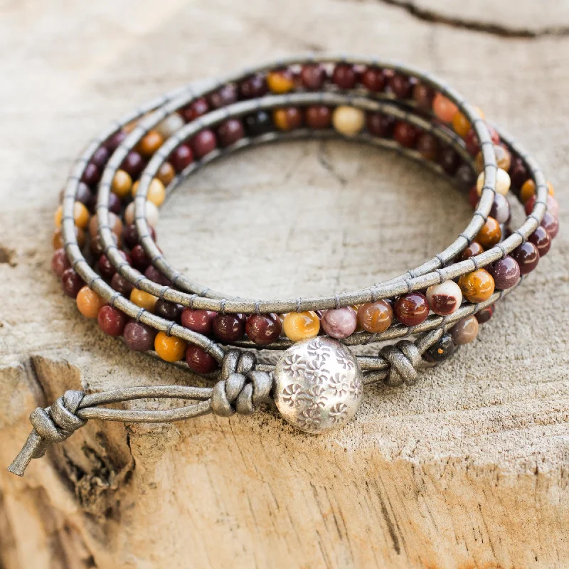 Colorful adjustable friendship bands-Forest Flower Hand Made Leather and Jasper Wrap Bracelet