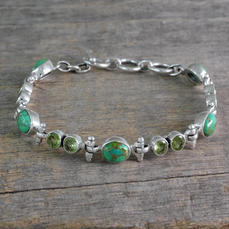 Friendship bracelets for best friends-Green Glow Peridot and Reconstituted Turquoise Silver Link Bracelet