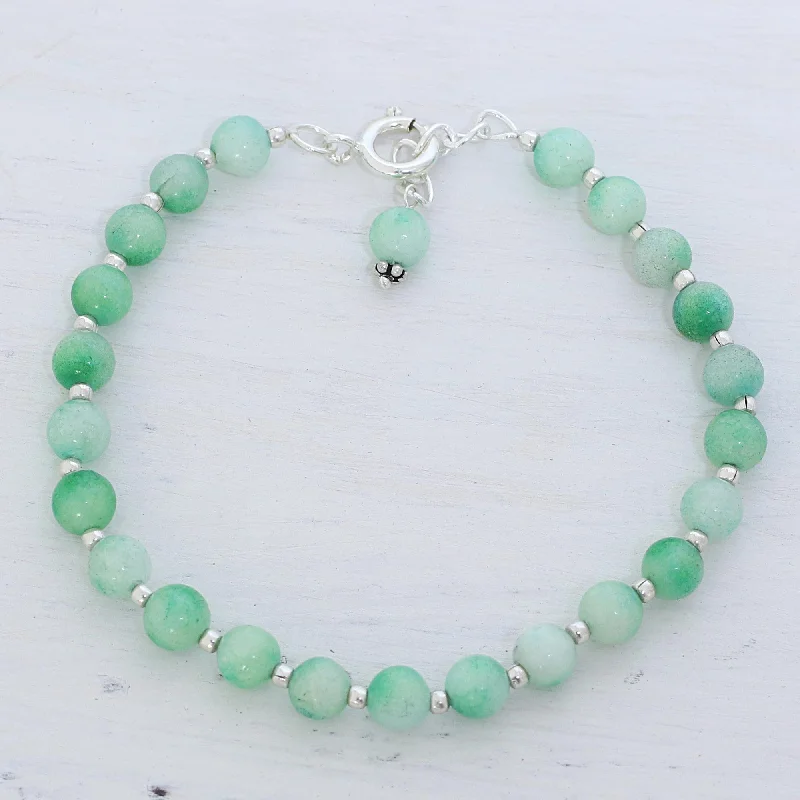 Beaded crystal bracelets for energy-Happy Delight in Light Green Quartz and Silver Beaded Bracelet in Light Green from India