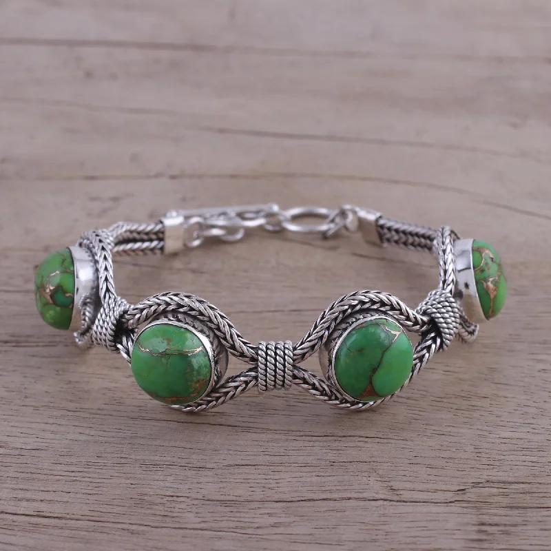 Women’s stackable bangles-Heavenly Greens India Modern Green Composite Turquoise and Silver Bracelet