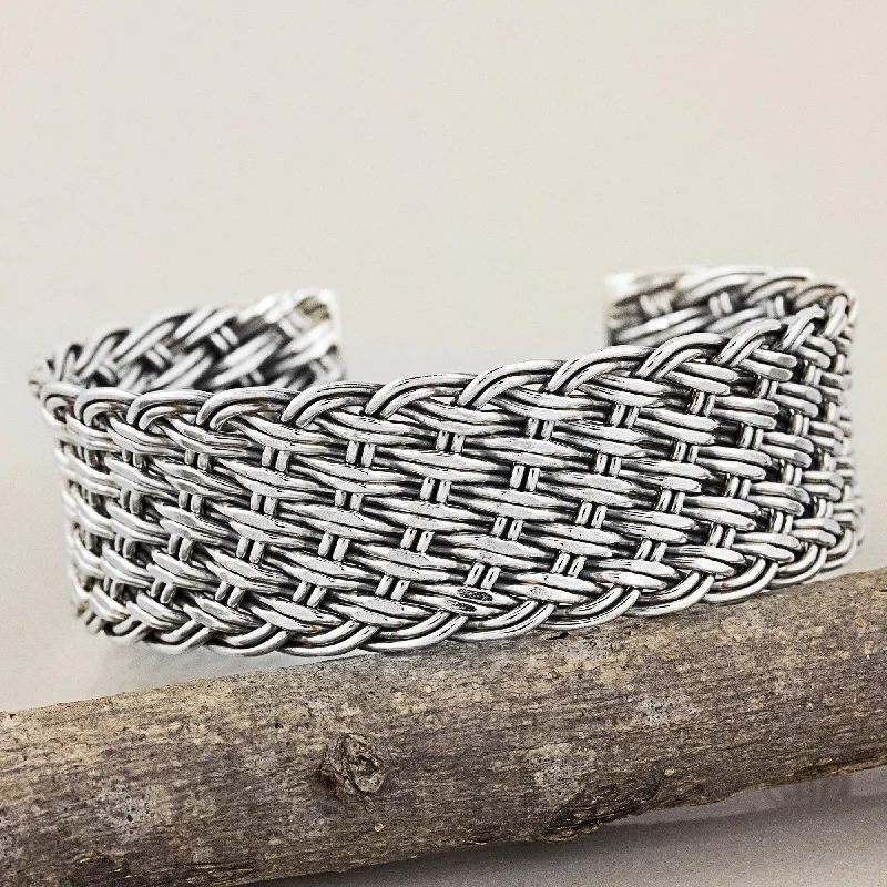 Beautiful leather cuff bracelet designs-Hill Tribe Basketweave Thai Handcrafted Woven Sterling Silver Cuff Bracelet