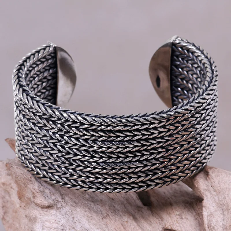 Designer gemstone bangle bracelets-Horseshoe Braids Wide Textured Sterling Silver Cuff Bracelet from Bali