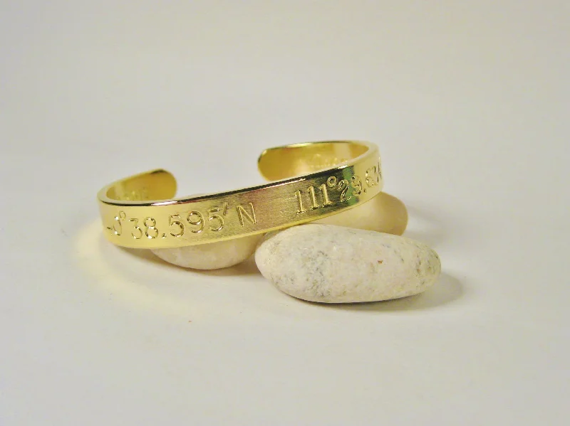 Handmade bracelets with charms-Latitude Longitude 18k Gold Women's Cuff (8mm wide w/large text)