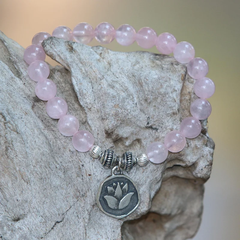 Modern gold cuff bracelets-Lotus Burst Rose Quartz and Lotus Charm Beaded Bracelet from BAli