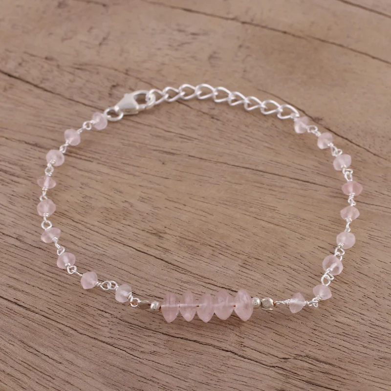 Handcrafted leather bracelets for men-Luminous Pink Rose Quartz and Sterling Silver Link Bracelet from India