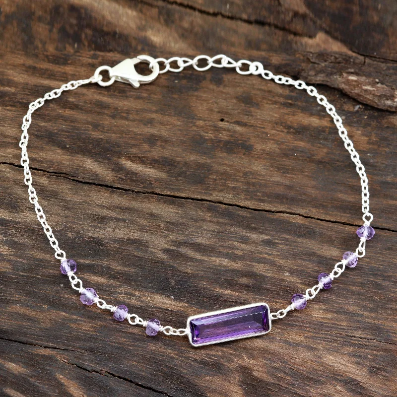 Adjustable silver bracelet with charm-Magical Prism 3.5-Carat Amethyst Pendant Bracelet from India