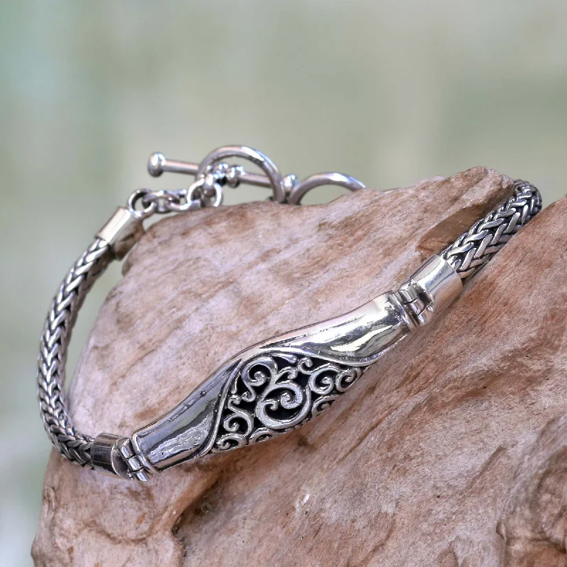 Luxury silver bangles with gems-Magnificent Wave Sterling Silver Naga Chain Bracelet from Bali