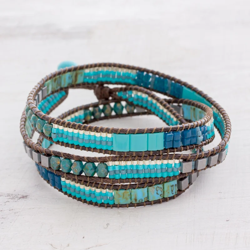 Pearl bracelets for elegant occasions-Mayan Monolith Glass Beaded Wrap Bracelet in Turquoise from Guatemala