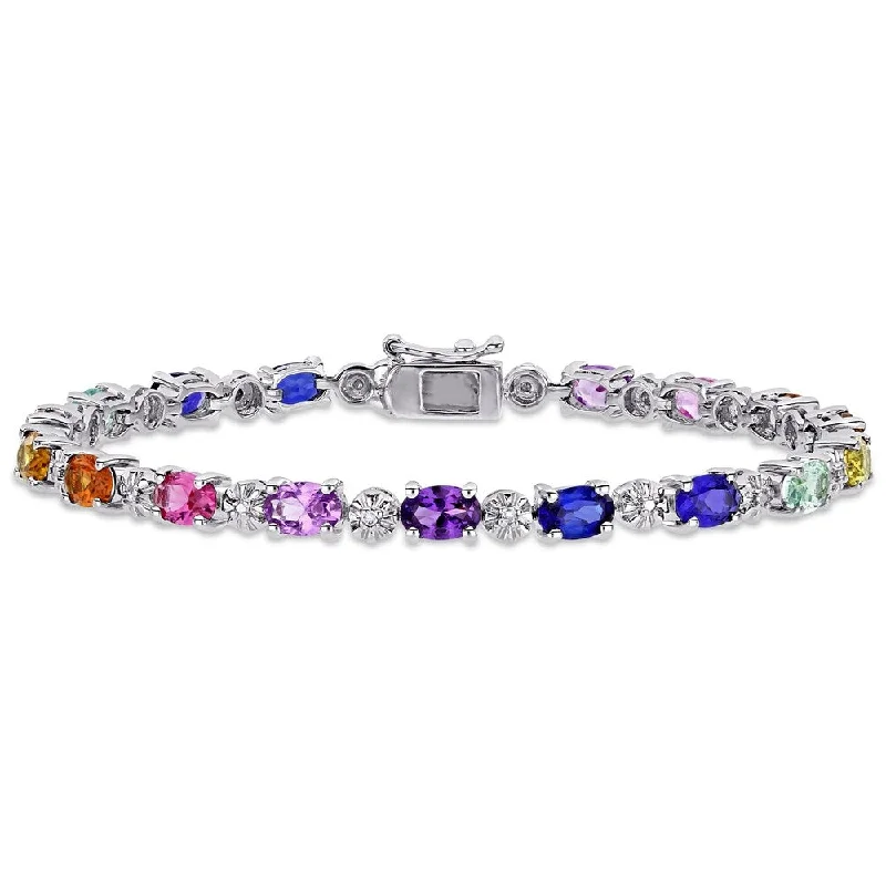 Delicate gold chain link bracelets-Miadora Sterling Silver Multi-Color Created Sapphire and Diamond Tennis Bracelet