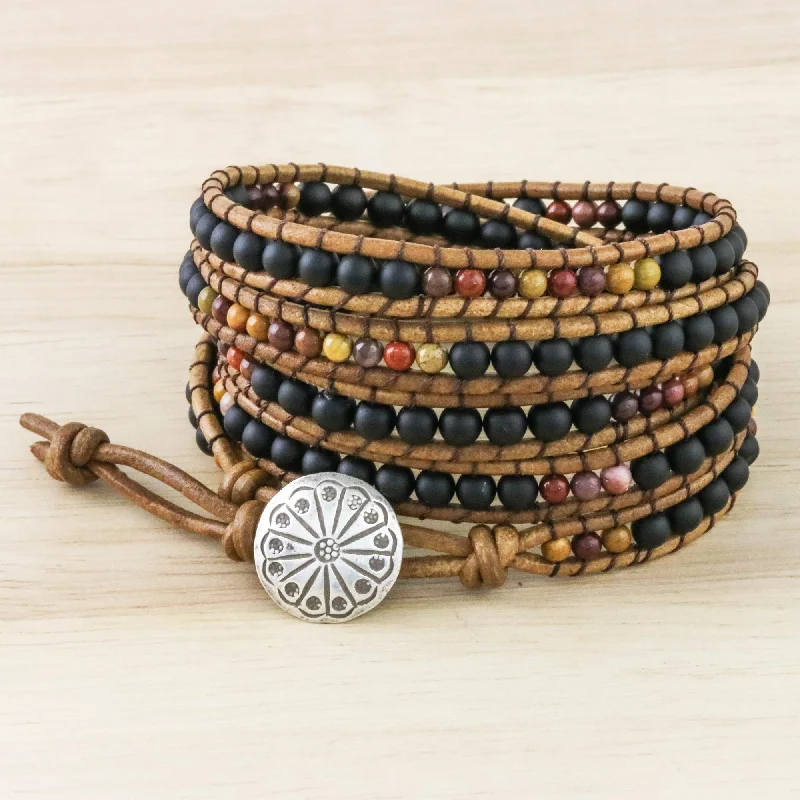 Beautiful gold charm bracelets-Midnight Walk Jasper and Glass Beaded Wrap Bracelet from Thailand