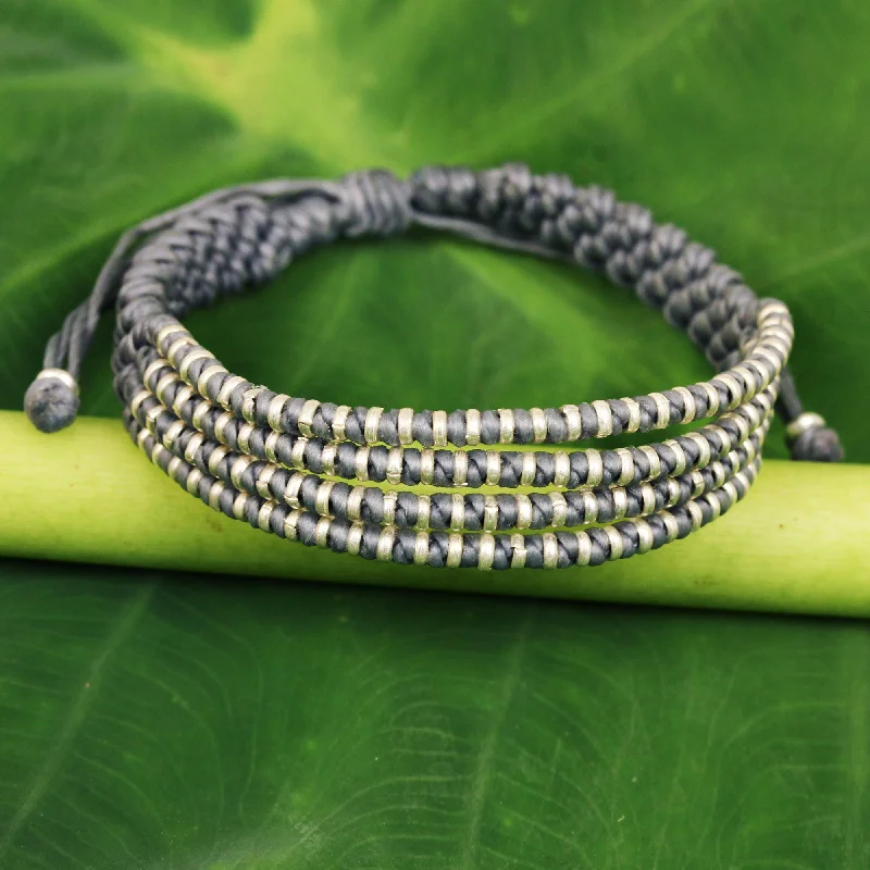 Stylish sterling silver bangles-Misty Chiang Mai Quartet Macrame Bracelet with Silver in Misty Light Grey