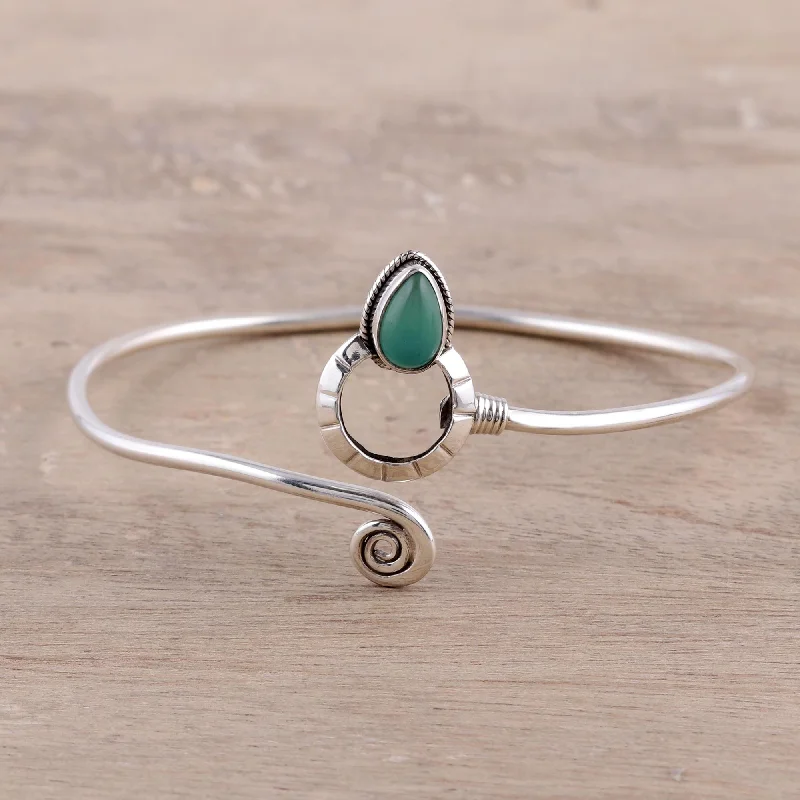 Simple yet elegant silver bangles-Modern Delhi Vibe Sterling Silver and Green Onyx Minimalist Cuff Bracelet