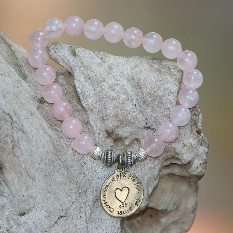 Silver cuff bracelets with stones-Path to My Heart Rose Quartz Heart Charm Beaded Bracelet from Bali