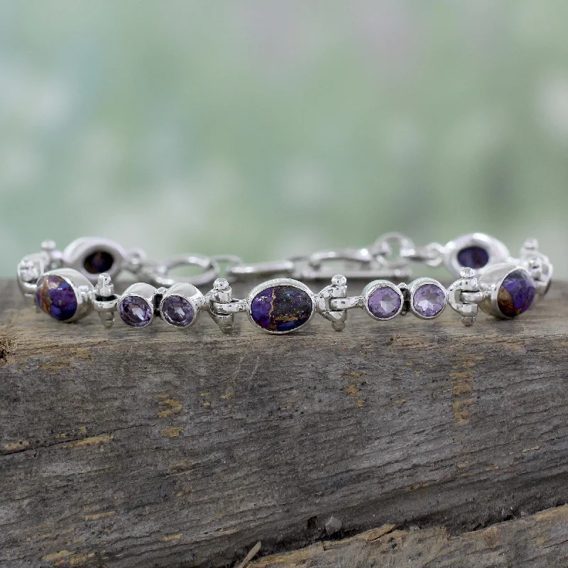 Luxury charm bracelets for women-Purple Song Handmade Amethyst and Reconstituted Turquoise Link Bracelet