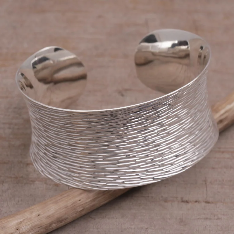 Stackable bracelets for women-Rain Blanket Handcrafted Etched Sterling Silver Cuff Bracelet from Bali