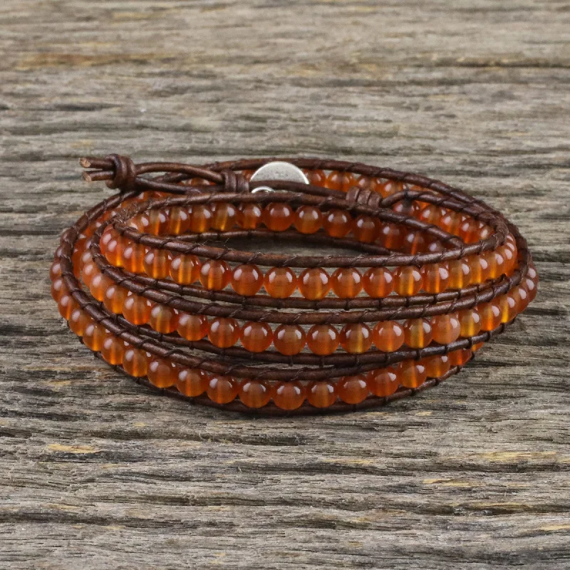 Modern gold cuff bracelets-Spring Fire Carnelian and Leather Beaded Wrap Bracelet from Thailand