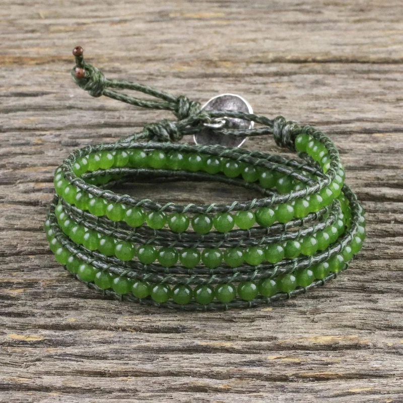 Beaded bracelet designs for women-Spring Meadow Green Quartz and Leather Beaded Wrap Bracelet from Thailand