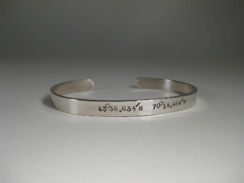 Stackable bracelet designs with gems-Men's Sterling Silver Cuff w/ Latitude & Longitude, 6mm