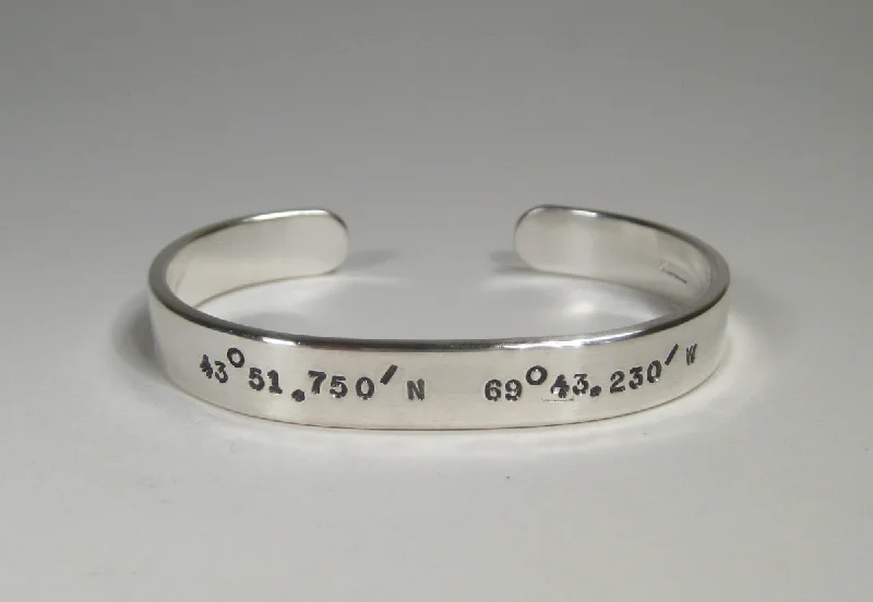 Colorful gemstone bracelets for layering-Women's Sterling Silver Cuff w/ Latitude & Longitude, 8mm, Small Text