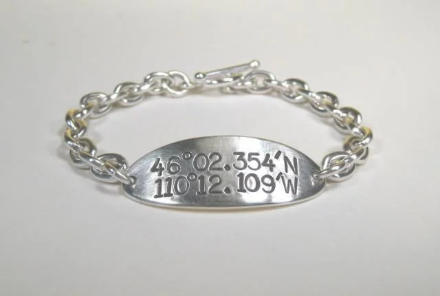 Fashionable tennis bracelets-Sterling Silver ID Bracelet w/ Latitude & Longitude, Large Text