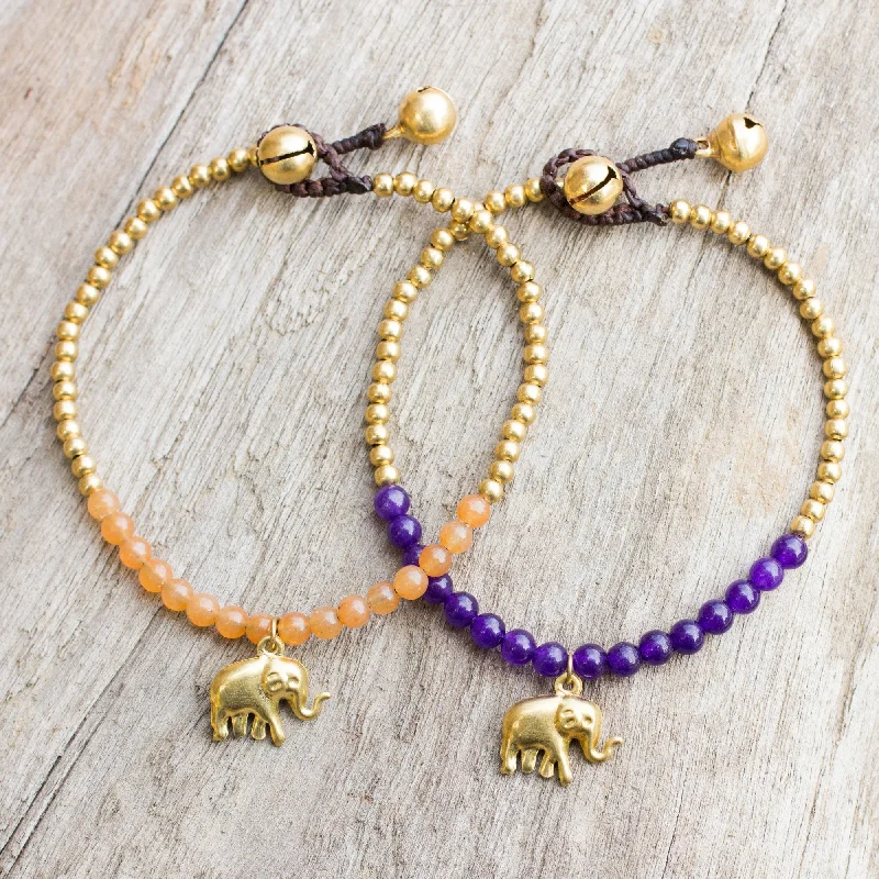 Statement cuff bracelets-Stylish Elephants Elephant Theme Brass Bracelets with Orange and Violet Gems