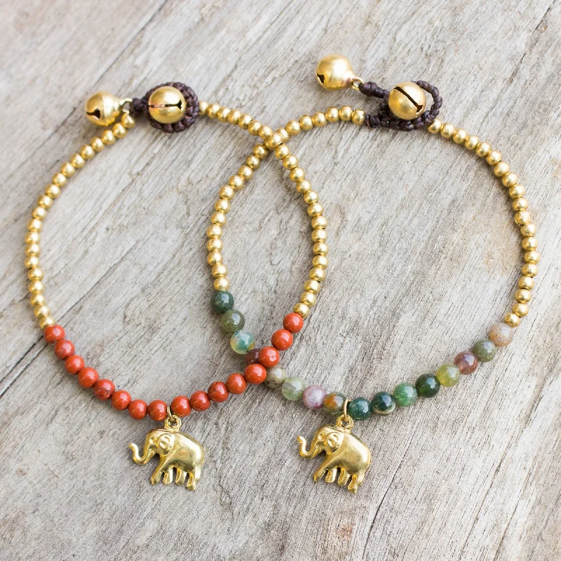 Personalized engraved bracelets for couples-Stylish Elephants Jasper and Elephant Charm on Pair of Brass Beaded Bracelets