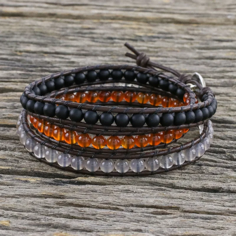 Men's black leather bracelets-Sunset Wanderlust Unisex Leather and Multi-Gemstone Beaded Wrap Bracelet