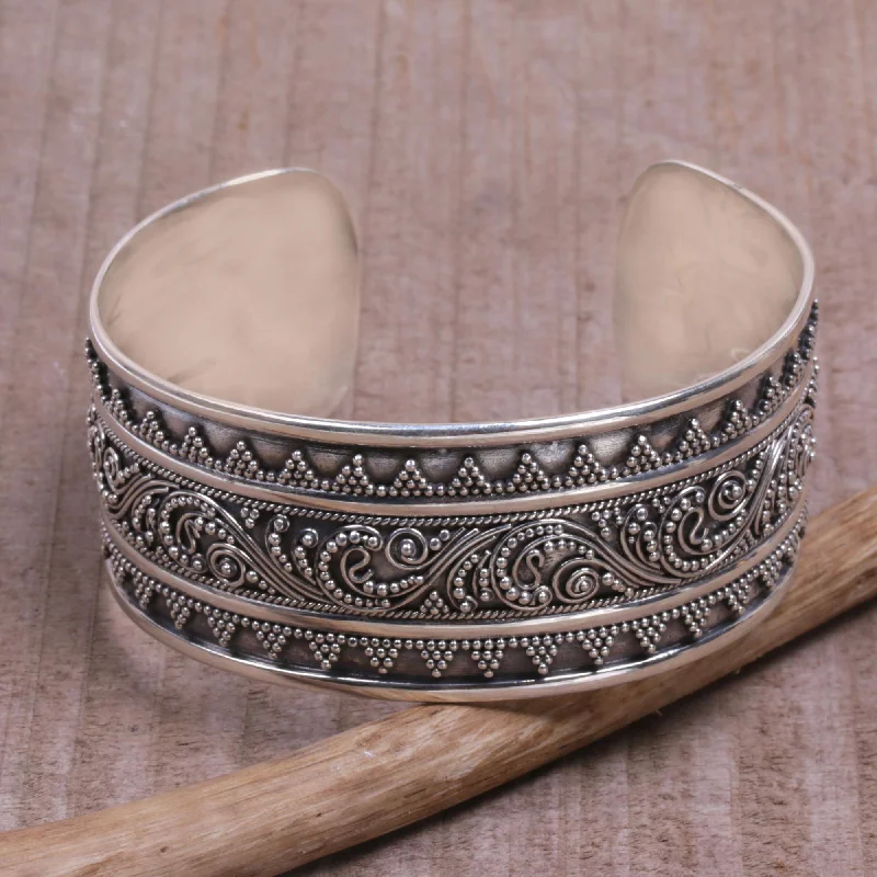 Adjustable bracelet with stones-Swirling Temple Sterling Silver Swirl Motif Cuff Bracelet from Bali