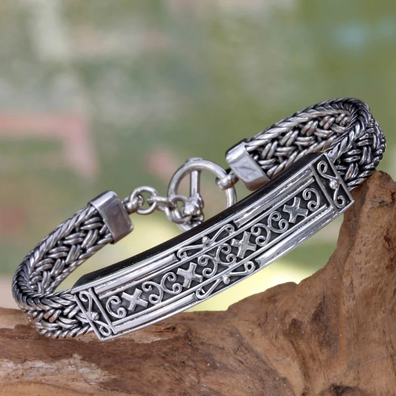 Custom engraving on bracelets for couples-Tabanan Braided Silver Medallion Bracelet