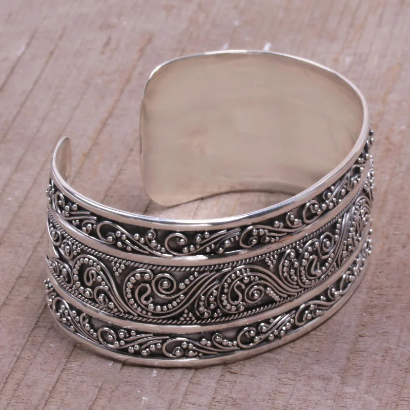 Handmade leather bracelets with charms-Temple Vine Intricate Sterling Silver Cuff Bracelet from Bali